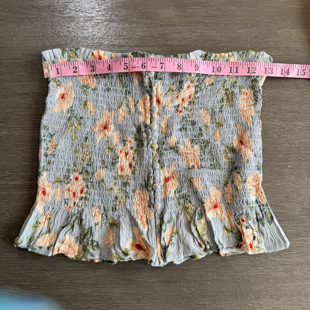 ARO Blue Grey Floral Smocked Button Tube Top Tank M - Picture 10 of 11